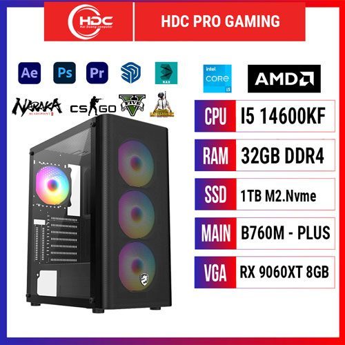 PC HDC PRO GAMING CPU Intel i5 14600KF – RAM 32GB DDR4 – SSD 1TB  – MAIN B760M - VGA RX 9060 XT 8GB